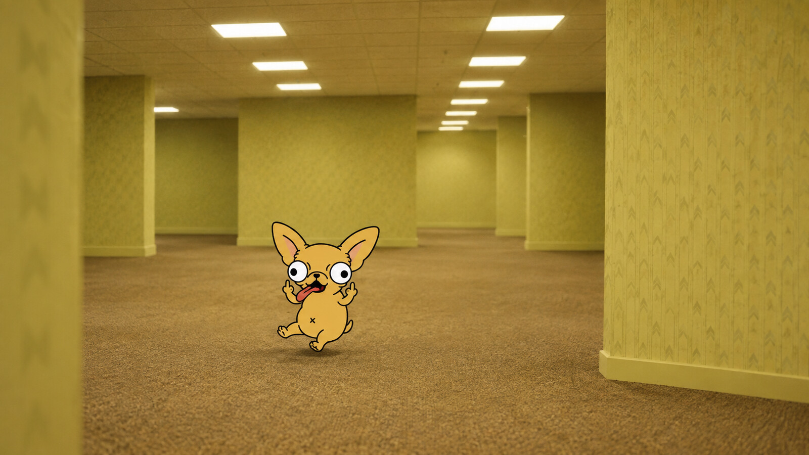 Blub flipping off the camera, standing alone in an empty liminal hallway